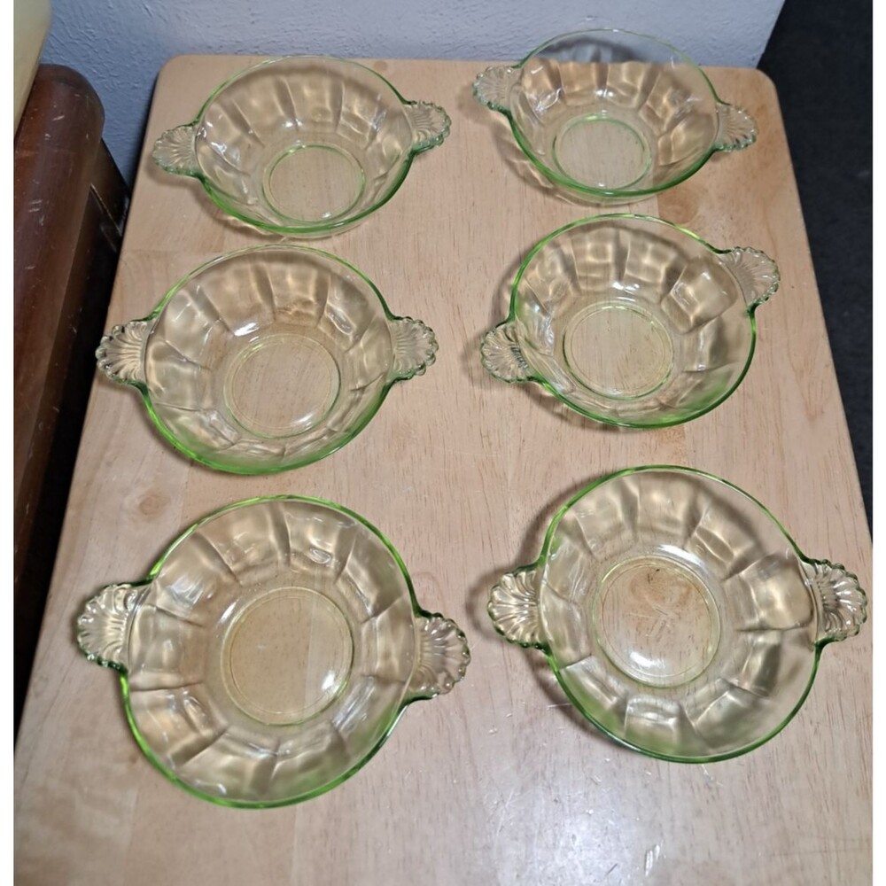 6 Vintage Uranium Glass Berry Dessert Bowls with Handles